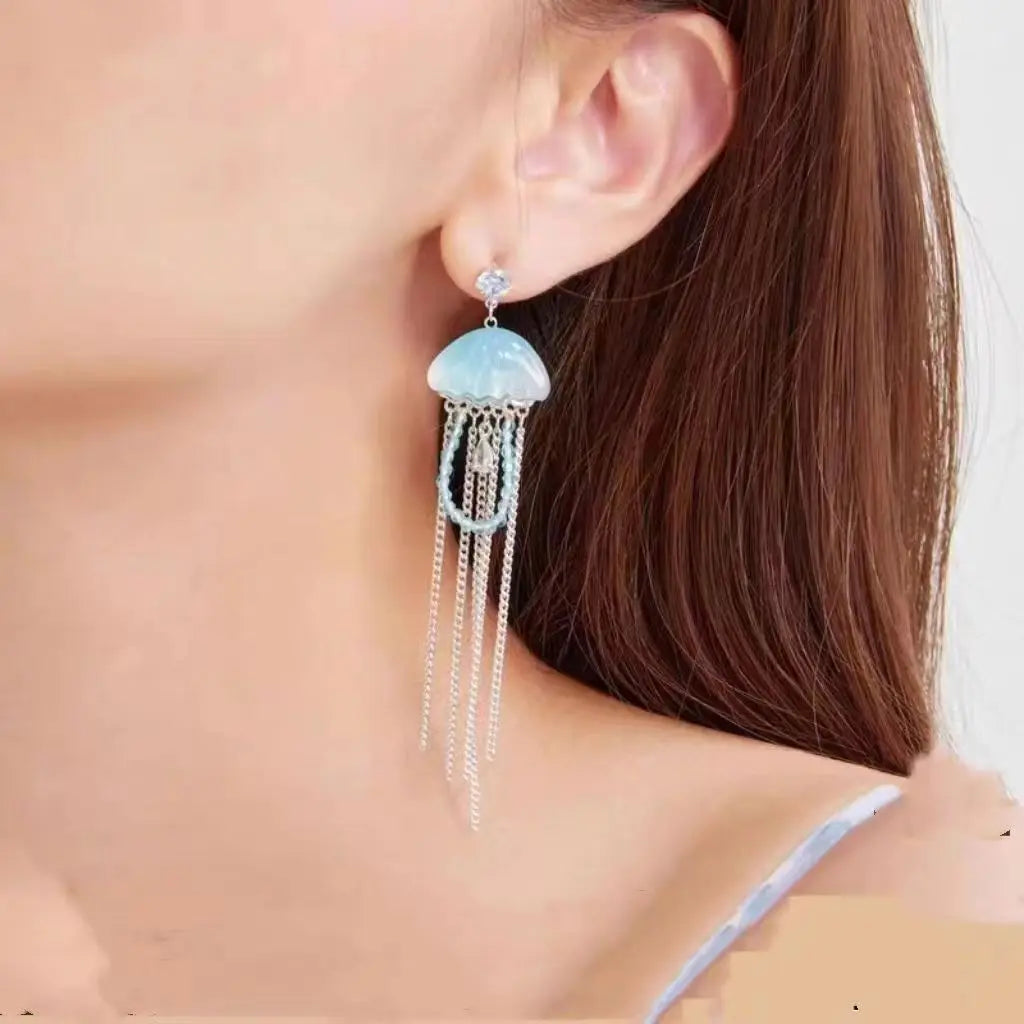 Sea Blue Jellyfish Zircon Tassel Earrings