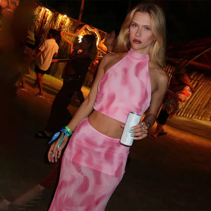 CLO004DJ
Elegant Pink Printed Mesh Dresses Two Piece Sets Women's Halter Neck Crop - Klixstore