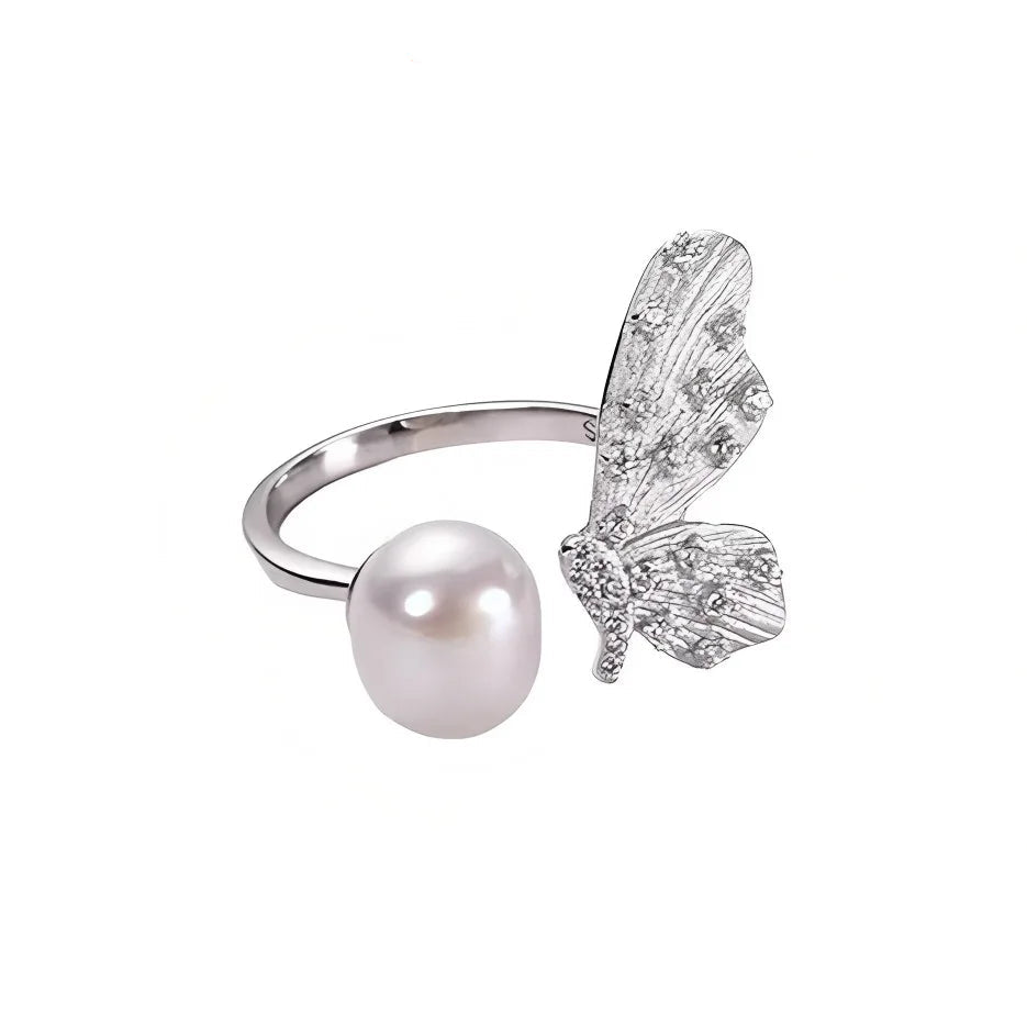 Vintage 925 Sterling Silver Butterfly Pearl Adjustable Ring for Women