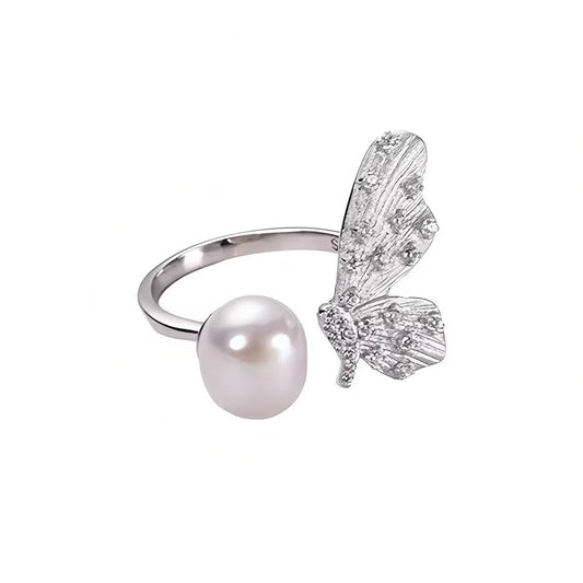 Vintage 925 Sterling Silver Butterfly Pearl Adjustable Ring for Women