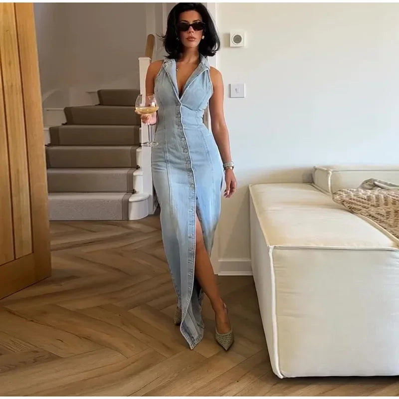 Denim Sleeveless Split Long Dress