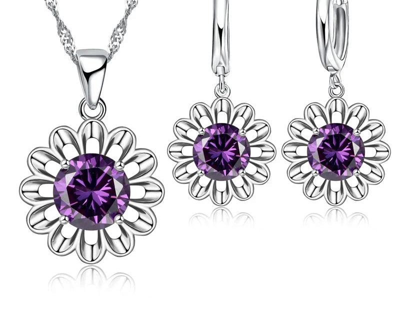 925 Silver CZ Flower Bridal Jewelry Set