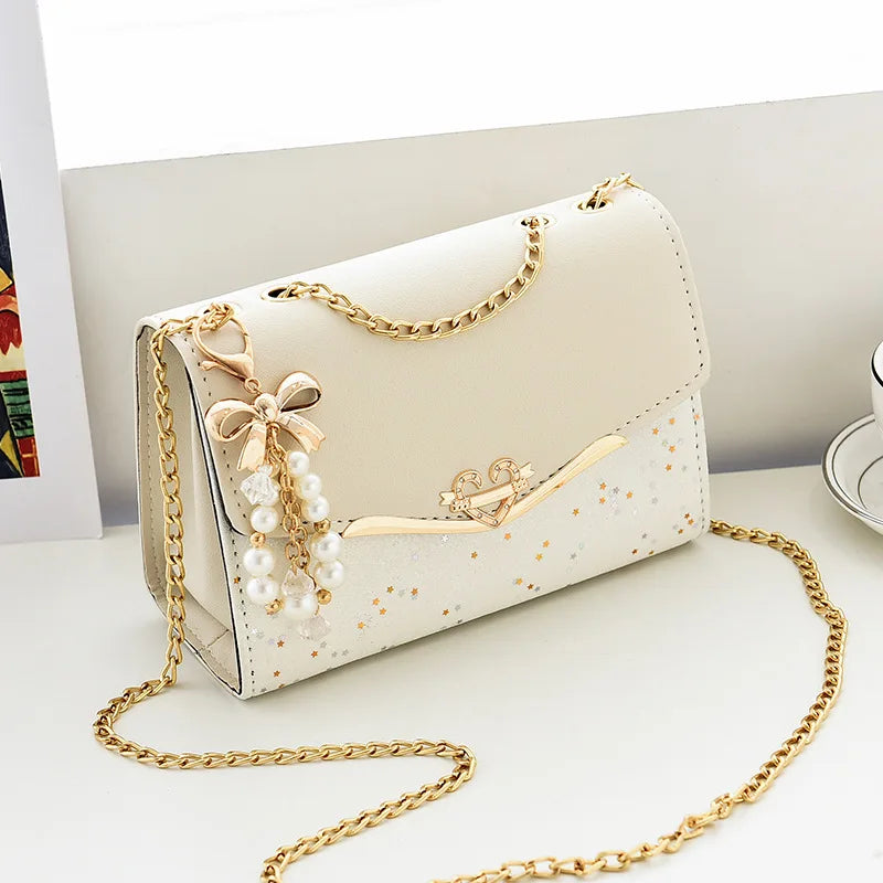 Korean Bow Sequin Shoulder Bag with Chain & Pendant