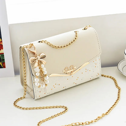 Korean Bow Sequin Shoulder Bag with Chain & Pendant