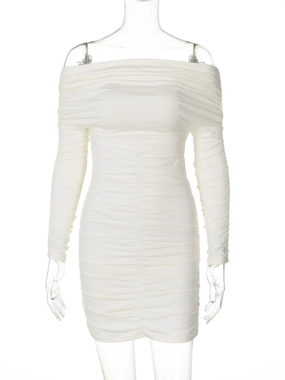 CLO062DJ
 Fashion Sexy Off Shoulder Long Sleeve Folds Short Dress Autumn Woman Clothes Slash Neck Ruched Tunics Party Club Dresses - Klixstore