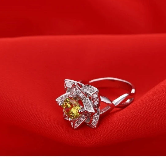 925 Sterling Silver Yellow CZ Crystal Engagement Ring for Women
