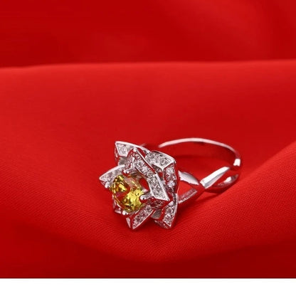 925 Sterling Silver Yellow CZ Crystal Engagement Ring for Women