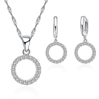 Elegant Beaded CZ Necklace & Hoop Earrings Bridal Set in 925 Sterling Silver
