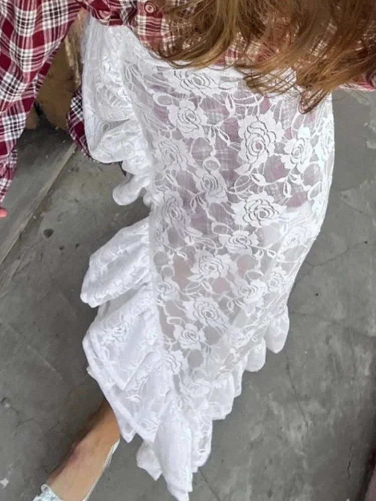 High Waist Ruffles Split Lace Skirts