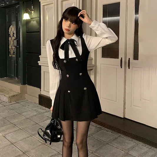 French Pseudo Two-Piece Waist-Cinching Shirt Dress