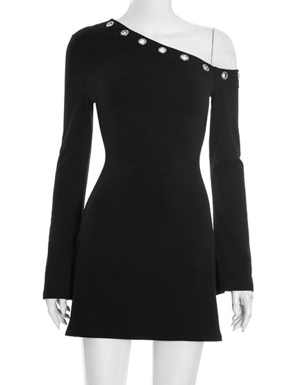 Chic Diagonal Collar Hollow Out Irregular Long Sleeve Party Dress