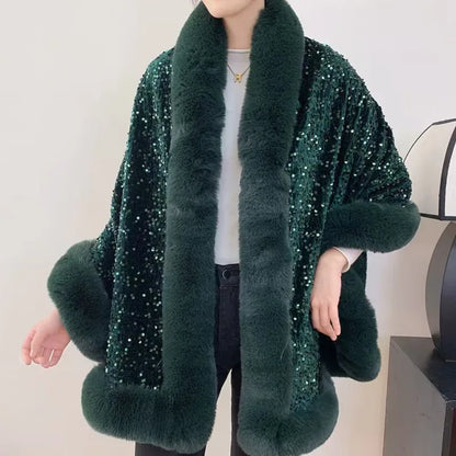 Women's Short Winter Jacket with Fur Collar and Sequin Shawl 2025