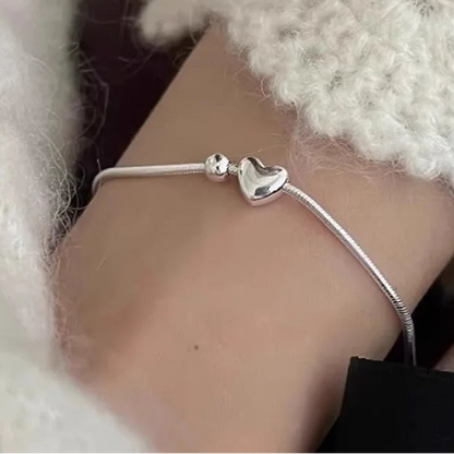 Heart Charm Snake Chain 925 Sterling Silver Bracelet
