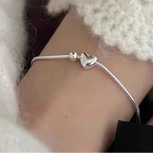 Heart Charm Snake Chain 925 Sterling Silver Bracelet