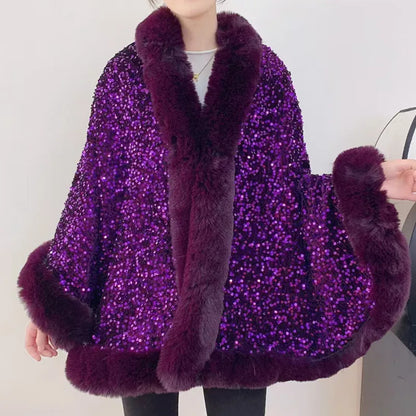 Women's Short Winter Jacket with Fur Collar and Sequin Shawl 2025