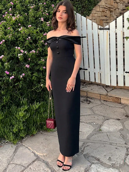 CLO024DJ
Woman Clothes Slash Neck Black Evening Dresses Elegant Female Off Shoulder Buttons Sleeveless Bodycon Split Long Party Dress - Klixstore