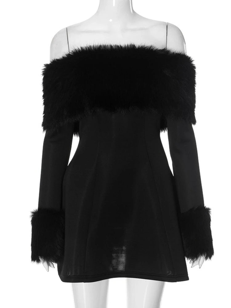 CLO050DJ
Luxury Fur Patchwork A-line Short Dresses for Women Slash Neck Off Shoulder Long Sleeve Party Evening Dress White Black - Klixstore