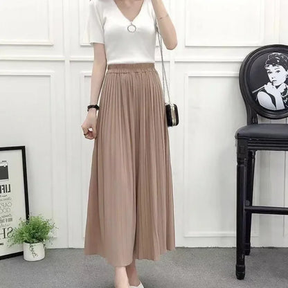 Elastic Waist Pleated Wide Leg Skirt Pants