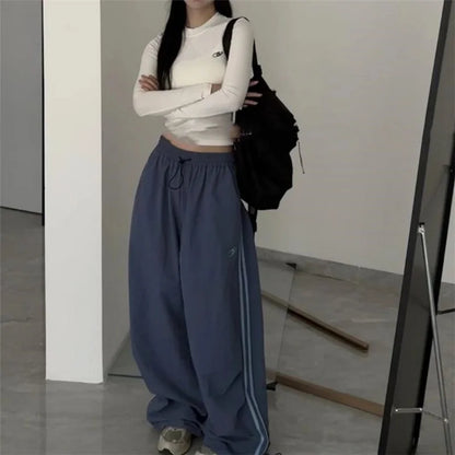 Retro Striped Wide Leg Baggy Pants for Women