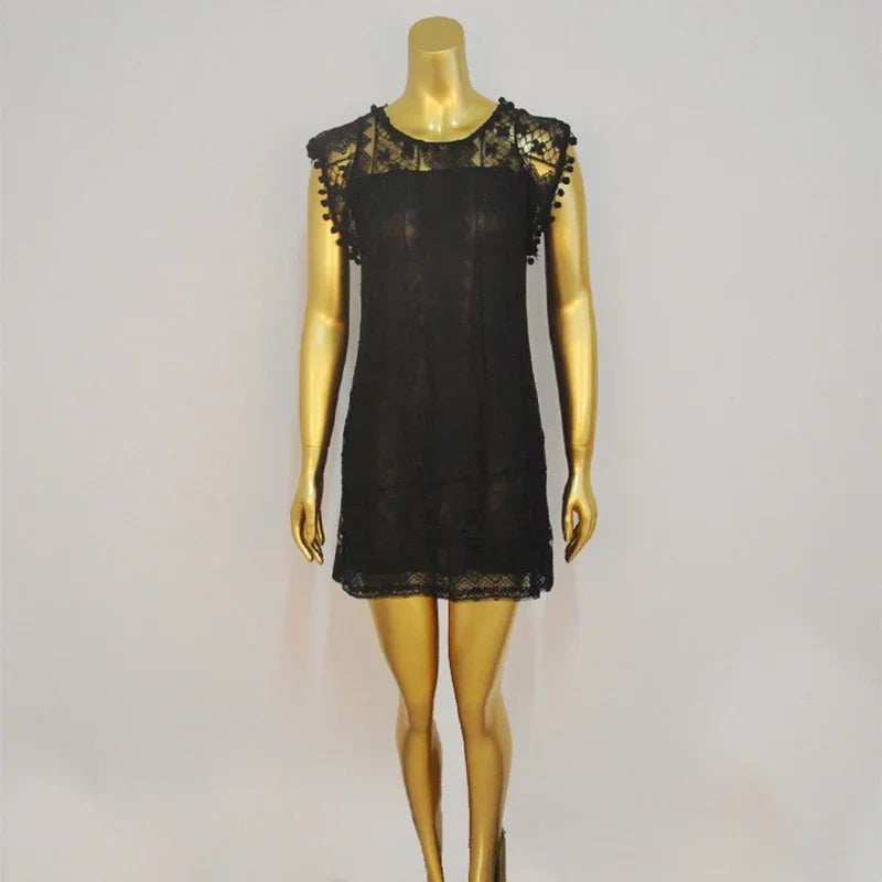 Sleeveless White Lace Tassel Mini Dress