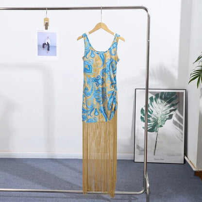 Printed Tassel Sleeveless Pleated Summer Dress