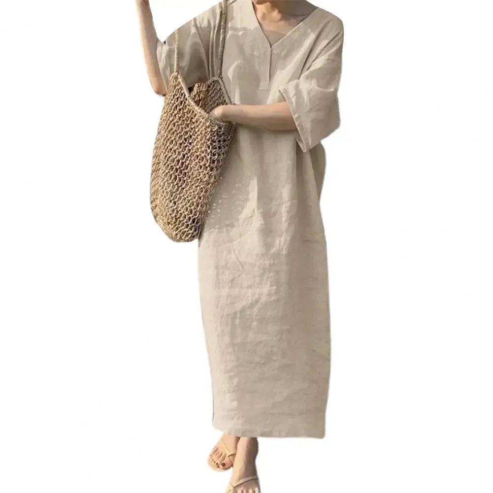 Retro V-Neck Cotton Linen Midi Dress