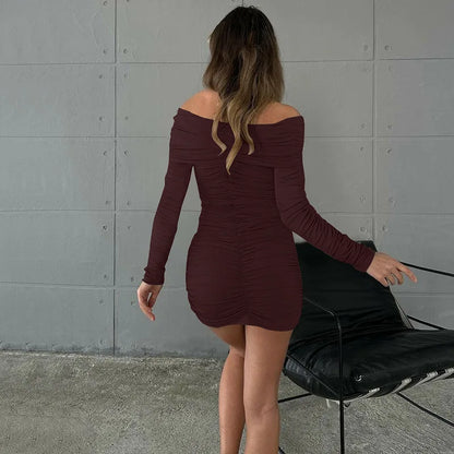 CLO062DJ
 Fashion Sexy Off Shoulder Long Sleeve Folds Short Dress Autumn Woman Clothes Slash Neck Ruched Tunics Party Club Dresses - Klixstore