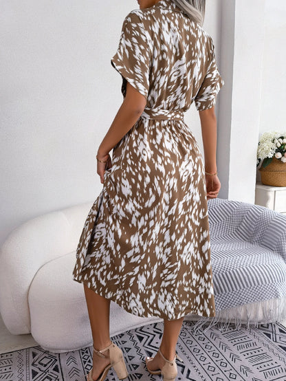 Leopard Print Batwing Shirt Dress | Button Slim Waist Mid-Calf | Summer