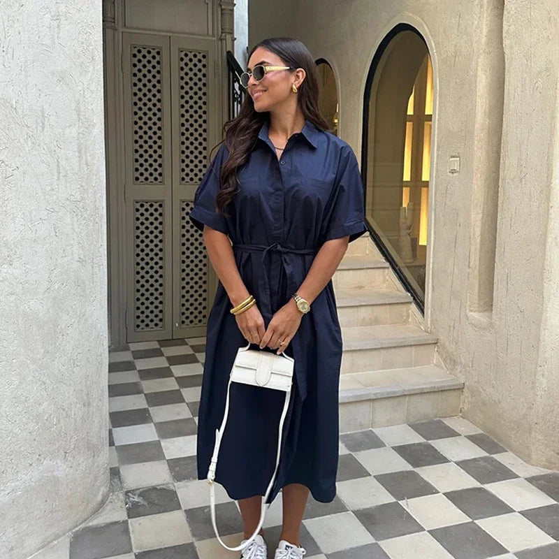 Lace Up Short Sleeve Shirt Dress