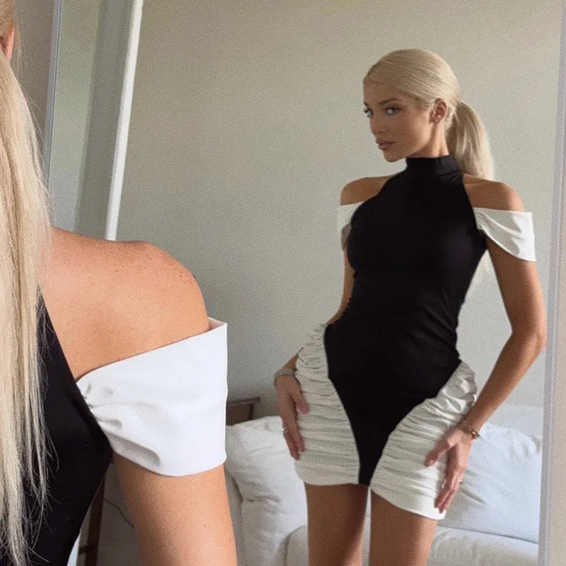 Sleeveless Off Shoulder Patchwork Pleated Party Dress