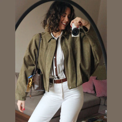 Cropped Suede Bomber Jacket for Women
