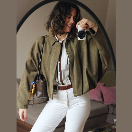 Cropped Suede Bomber Jacket for Women