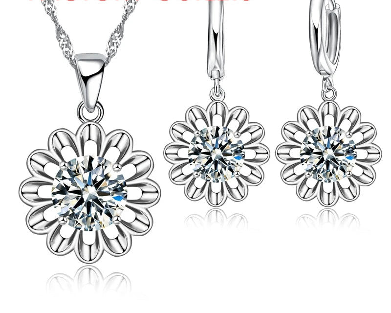 925 Silver CZ Flower Bridal Jewelry Set