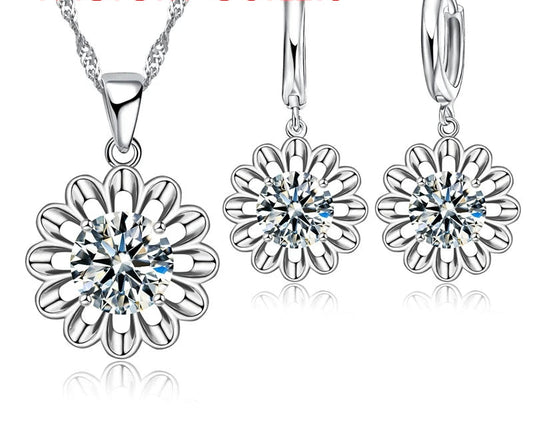 925 Silver CZ Flower Bridal Jewelry Set