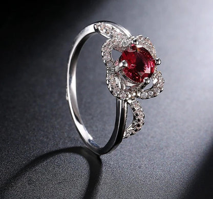 Red Stone CZ Crystal 925 Sterling Silver Ring for Women