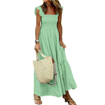 Elegant Plaid Ruffle Slip Maxi Dress