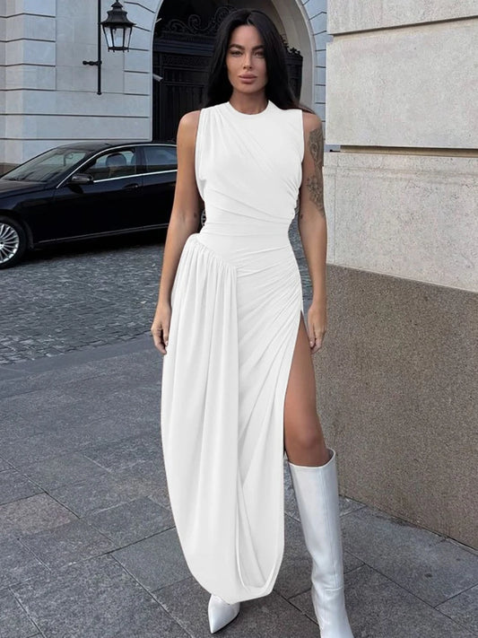 CLO028DJ
Woman Clothing O-neck Sleeveless Tunics High Slit Long Dress Streetwear Y2K Female High Waist Ruched Solid Holiday Party Dresses - Klixstore