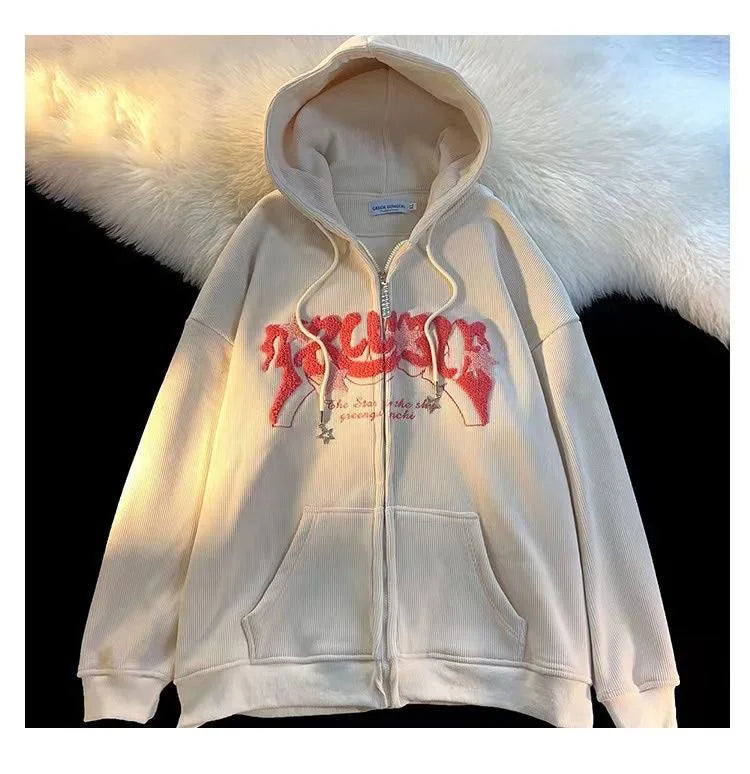 Embroidery Zip Up Hoodie for Women