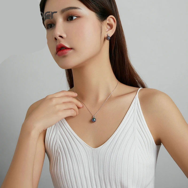 JEW007AX    925 Sterling Silver Elegant Black Pearl Earrings Necklace Shell Pearl Necklace Chain for Women Fine Jewelry Set - Klixstore