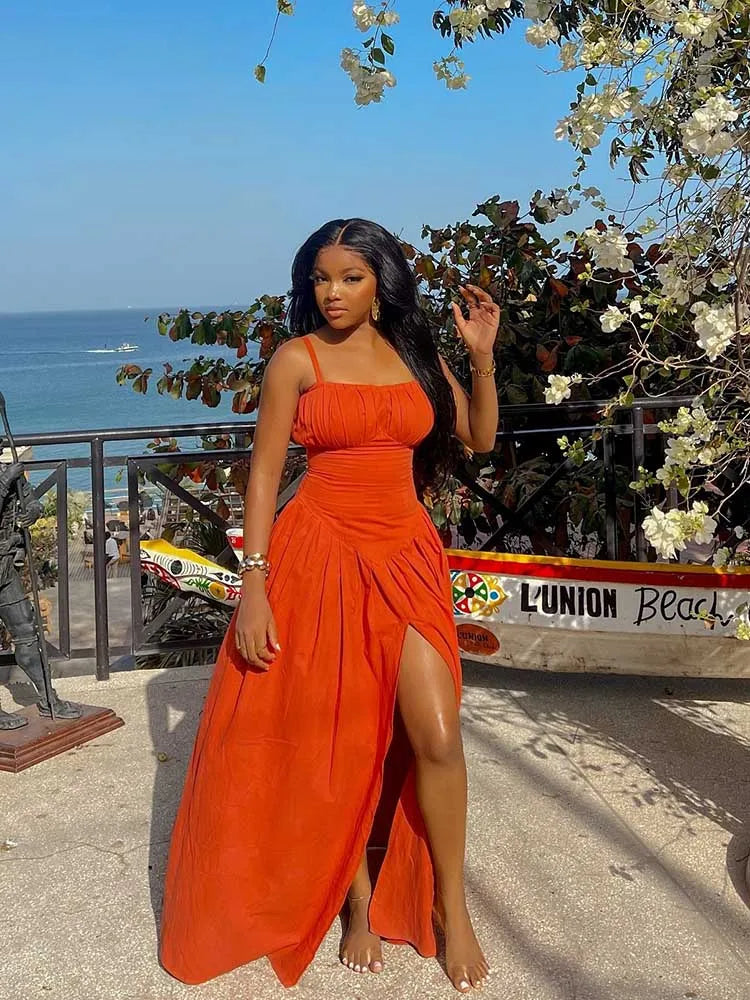 Spaghetti Strap Orange Side Split Dress