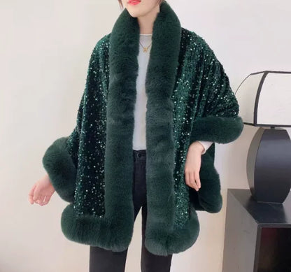 Women's Short Winter Jacket with Fur Collar and Sequin Shawl 2025