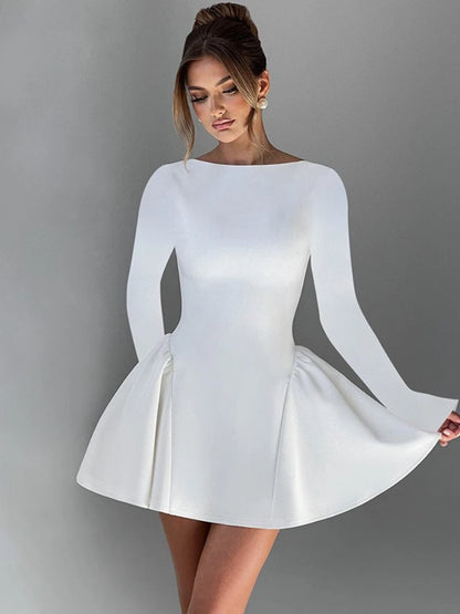 CLO045DJ
Elegant Long Sleeve Tunics A-line Party Dresses for Women Autumn O-neck High Waist Ruched - Klixstore