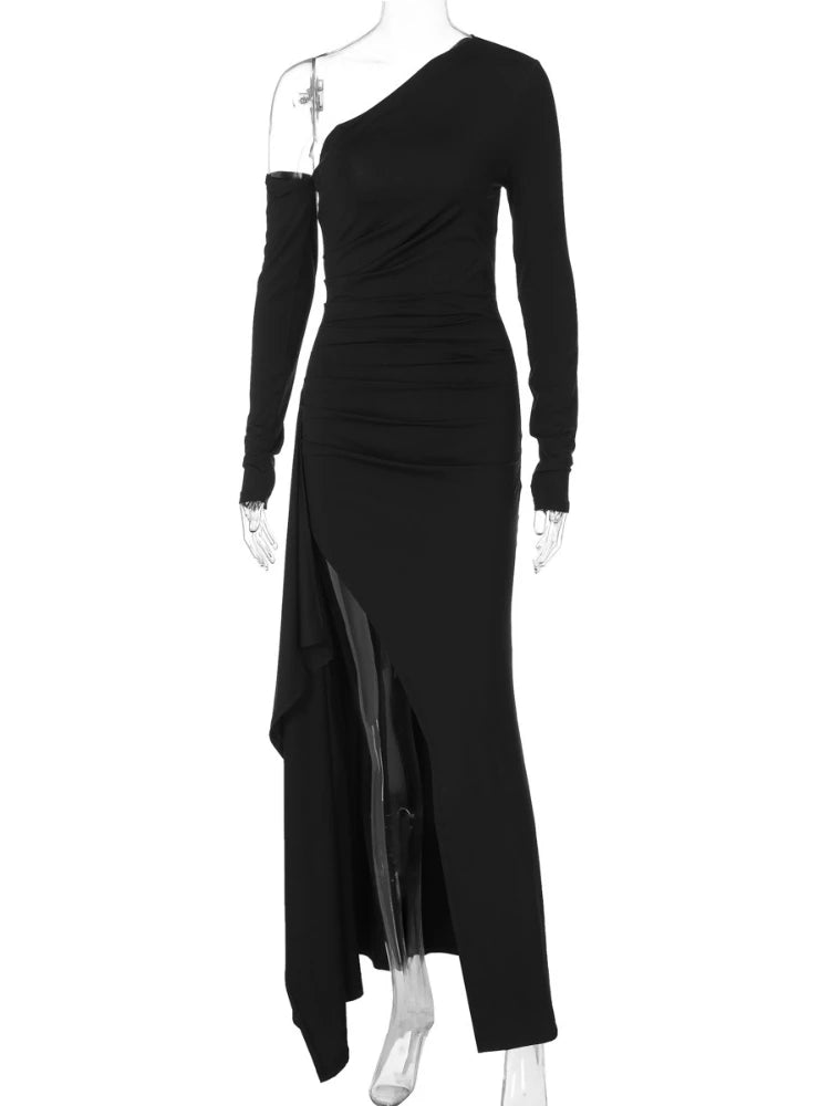 CLO014DJ
Sexy Chic Diagonal Collar Ruched Split Irregular Long Dress Women Elegant Full Sleeve High Waist Tunics Black Party Prom Dresses - Klixstore