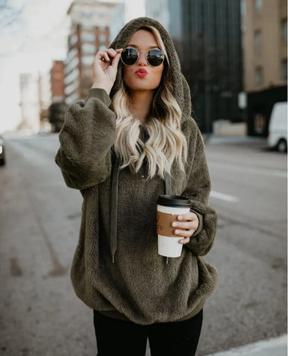 Plush Hooded Loose Sweatshirt Jacket for Women