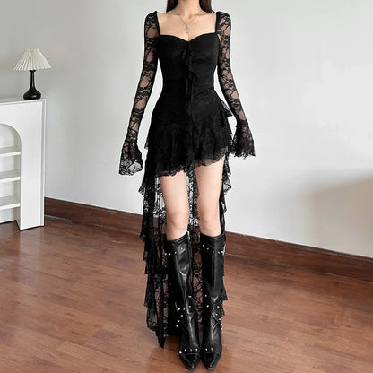 Goth Lace Flare Sleeve Square Neck Dress