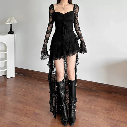Goth Lace Flare Sleeve Square Neck Dress