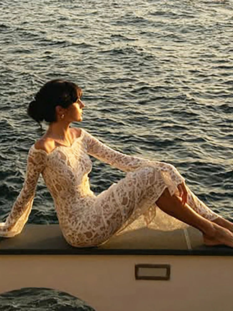 Sexy White Lace Slash Neck Long Sleeve Evening Party Dress