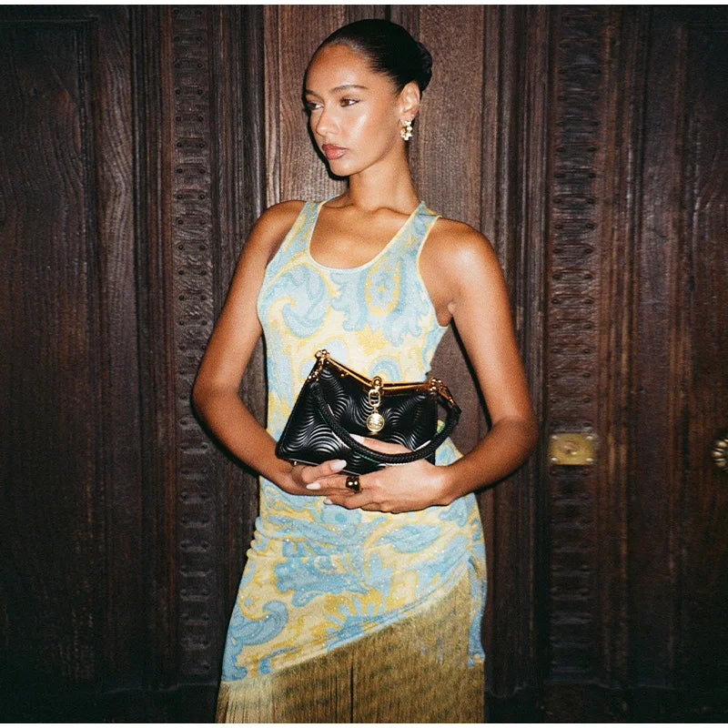 Printed Tassel Sleeveless Pleated Summer Dress