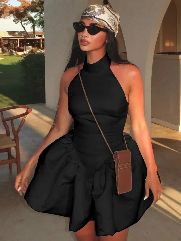 CLO059DJ
 Fashion Halter Neck Backless Tunics Short Dresses for Women  Sexy Sleeveless High Waist  Solid Ball Gown Evening Party Dress - Klixstore