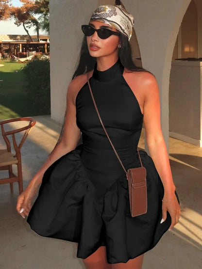 CLO059DJ
 Fashion Halter Neck Backless Tunics Short Dresses for Women  Sexy Sleeveless High Waist  Solid Ball Gown Evening Party Dress - Klixstore